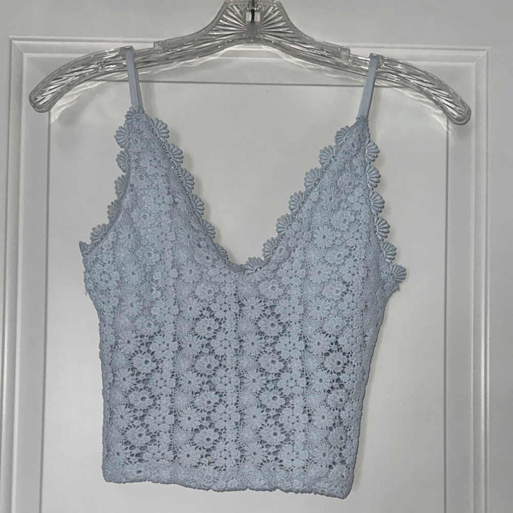 H&M Light Blue Crochet Lace V-Neck Crop Tank